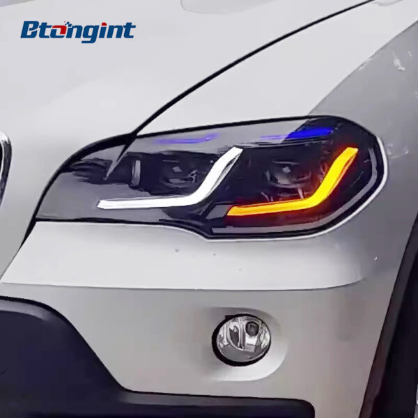 For 2007-2013 BMW X5 E70 Headlight Assembly Retrofit, LED Projector, Blue Eyebrow DRL & Turn Signal