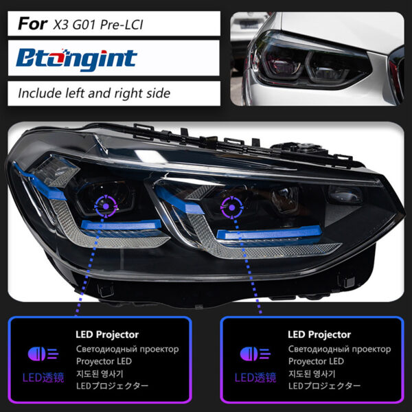 For 2018‑2021 BMW X3 G01 G08, Aftermarket Retrofit Old‑to‑New Upgrade Headlamp Assembly, Bi‑LED Projector Lens, Sequential LED Turn Signal, DRL, Plug‑and‑Play 12V Auto Headlight