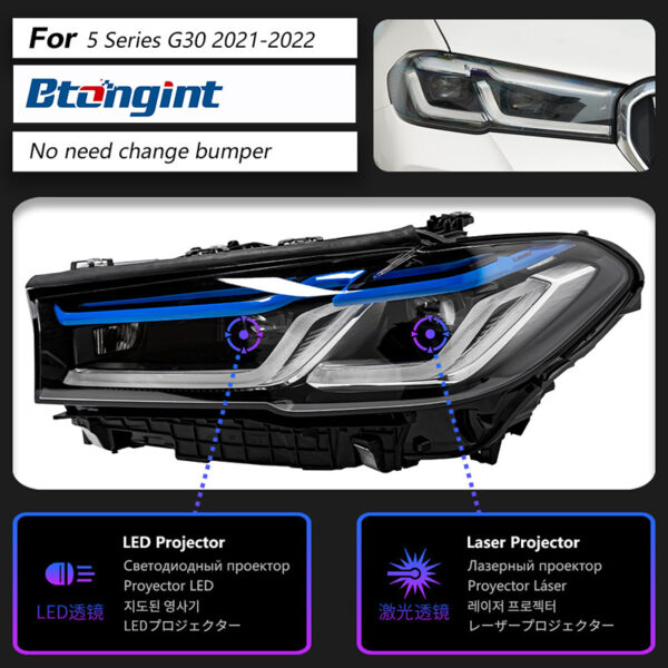Modified Dual‑L LED Projector Headlight Assembly for 2018‑2023 BMW 5 Series G30, Replacement Front Head Lamp