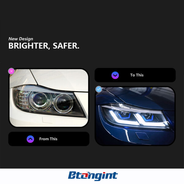 Suitable for 05‑12 BMW 3 Series E90 Headlight Assembly Modification, LED DRL, Sequential Turn Signal, Bi‑Xenon Projector Lens