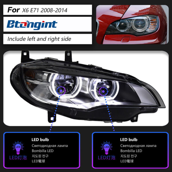 Fits 08‑14 BMW X6 E71 Headlight Assembly, Modified New‑Style Angel Eyes LED Projector Headlight