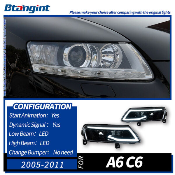 For 2005‑2011 Audi A6 C6 Retrofit Rolls‑Royce‑Style LED Bi‑Xenon Projector Headlight Assembly, Sequential Turn Signal Head Lamp