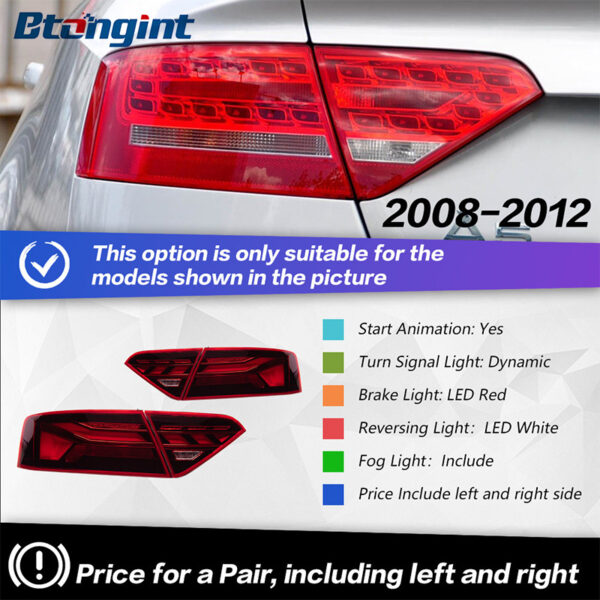 For 2008‑2016 Audi A5 Retrofit New RS‑Style Tail Light Assembly, LED Running, Turn & Brake Light Rear Lamp