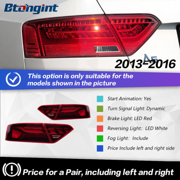 For 2008‑2016 Audi A5 Retrofit New RS‑Style Tail Light Assembly, LED Running, Turn & Brake Light Rear Lamp