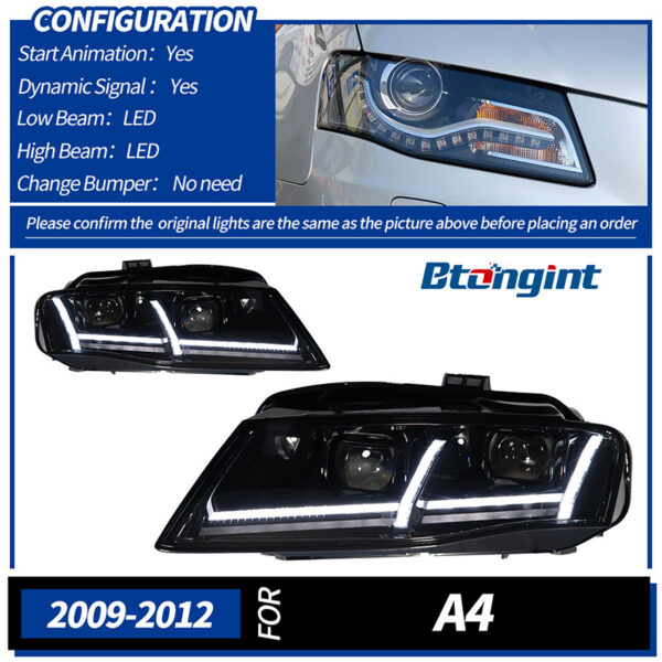 For 2009‑2012 Audi A4 Headlight Assembly Retrofit, Airplane‑Style Dynamic Sequential Turn Signal, LED Bi‑Xenon Projector Headlamp