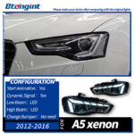 For 2012‑2016 Audi A5 Headlight Assembly Retrofit, RS5‑Style Dynamic DRL, LED Projector Lens & Sequential Turn Signal