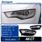 Headlight Assembly For Audi A6L C7 2012‑2018, Five‑Bar Style LED Bi‑Xenon Projector Headlamp With Sequential Flowing Turn Signal