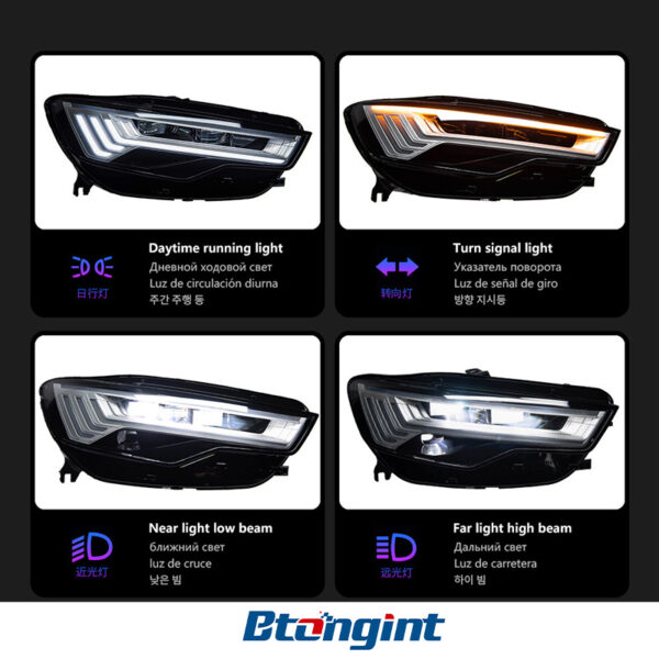 Headlight Assembly For Audi A6L C7 2012‑2018, Five‑Bar Style LED Bi‑Xenon Projector Headlamp With Sequential Flowing Turn Signal