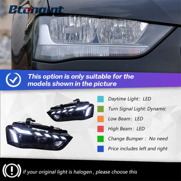 Headlight Assembly For Audi A4L B8 2013‑2016, Retrofit LED Sweeping One‑Blue DRL With Sequential Flowing Turn Signal