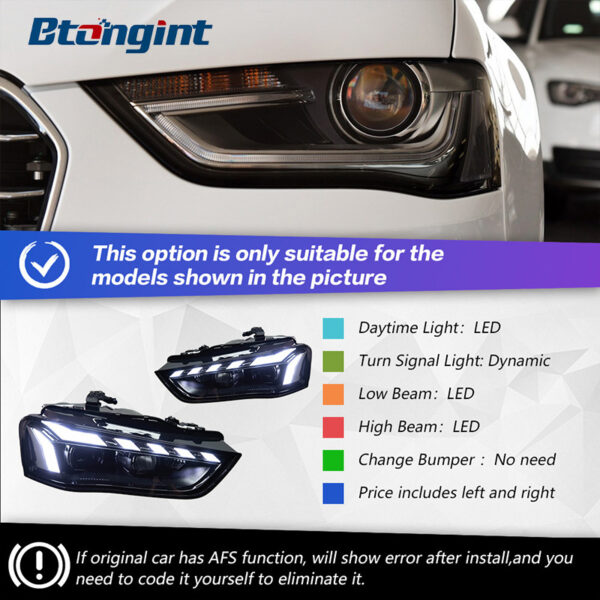 Headlight Assembly For Audi A4L B8 2013‑2016, Retrofit LED Sweeping One‑Blue DRL With Sequential Flowing Turn Signal
