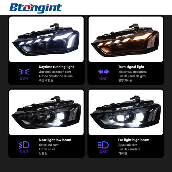 Headlight Assembly For Audi A4L B8 2013‑2016, Retrofit LED Sweeping One‑Blue DRL With Sequential Flowing Turn Signal