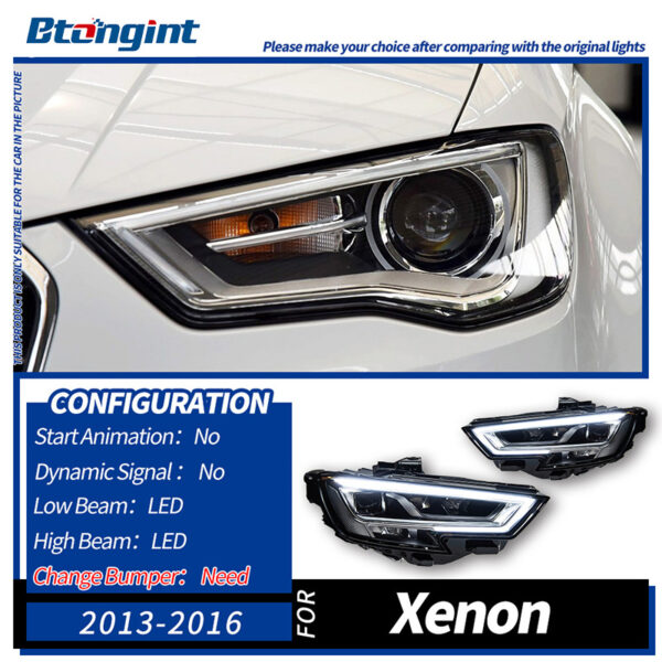 Headlight Assembly For Audi A3 2013‑2020, Base‑to‑High‑Spec Upgrade LED Daytime Running Light, Turn Signal, Bi‑Xenon Projector Lens Headlamp
