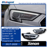 Headlight Assembly For Audi A3 2013‑2020, Base‑to‑High‑Spec Upgrade LED Daytime Running Light, Turn Signal, Bi‑Xenon Projector Lens Headlamp