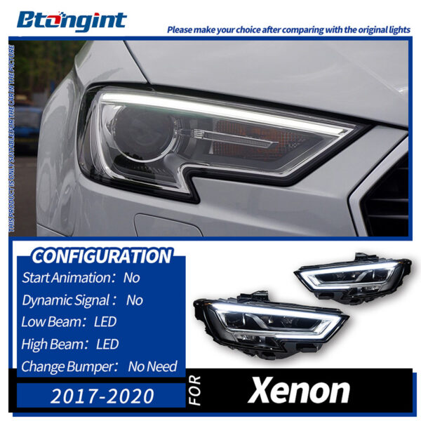Headlight Assembly For Audi A3 2013‑2020, Base‑to‑High‑Spec Upgrade LED Daytime Running Light, Turn Signal, Bi‑Xenon Projector Lens Headlamp