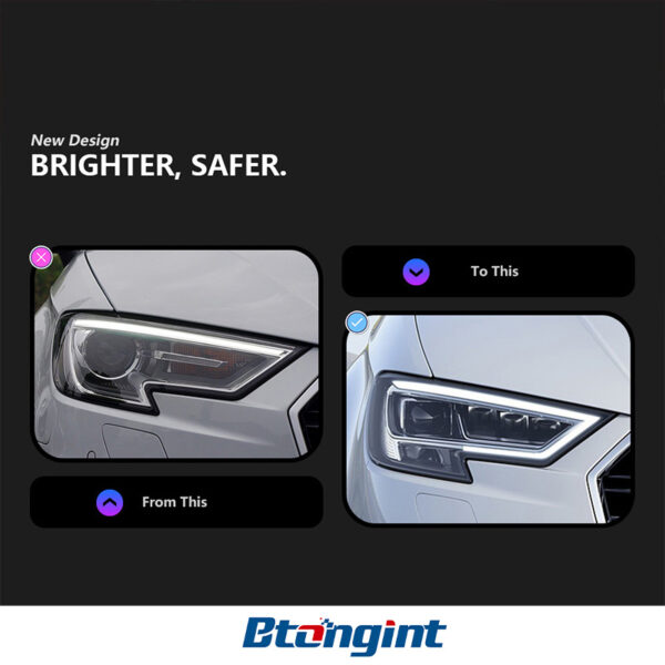 Headlight Assembly For Audi A3 2013‑2020, Base‑to‑High‑Spec Upgrade LED Daytime Running Light, Turn Signal, Bi‑Xenon Projector Lens Headlamp