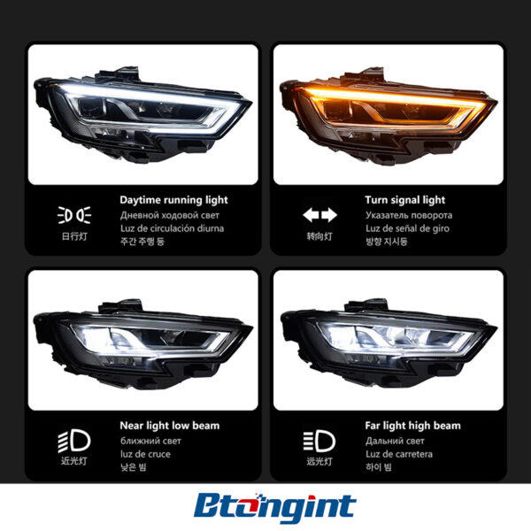Headlight Assembly For Audi A3 2013‑2020, Base‑to‑High‑Spec Upgrade LED Daytime Running Light, Turn Signal, Bi‑Xenon Projector Lens Headlamp