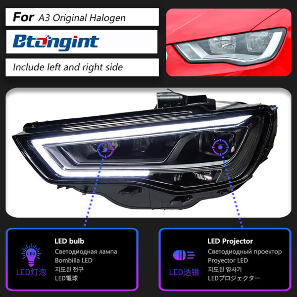 Headlight Assembly For Audi A3 2013‑2020 Retrofit LED Daytime Running Light, Old To New S3 / RS3‑Style DRL