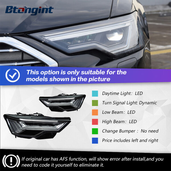 Headlight Assembly For Audi A6 C8 2019‑2024 Retrofit Low‑To‑High‑Spec 5‑Strip LED Matrix Sequential Headlamp
