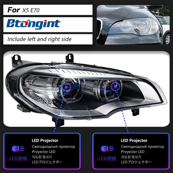 Fits 07‑13 BMW X5 E70 Headlight Assembly, Modified Bi‑LED Projector Headlamp with Angel Eyes DRL