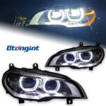 Fits 07‑13 BMW X5 E70 Headlight Assembly, Modified Bi‑LED Projector Headlamp with Angel Eyes DRL