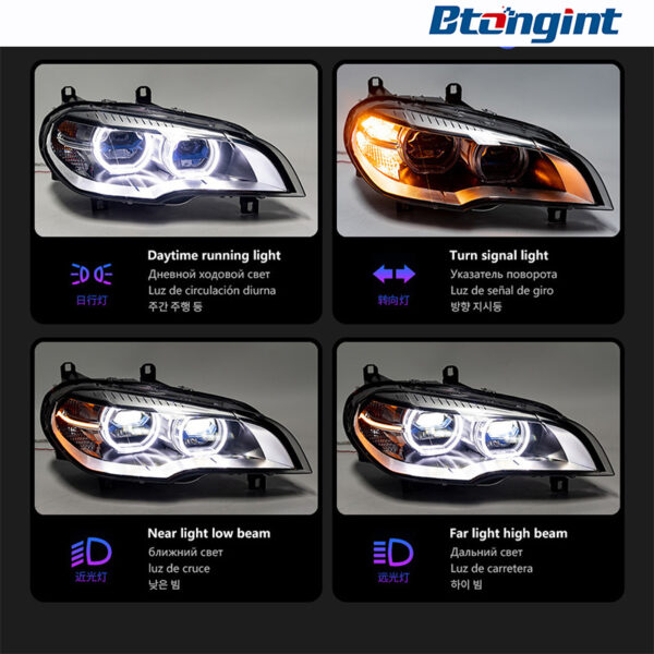 Fits 07‑13 BMW X5 E70 Headlight Assembly, Modified Bi‑LED Projector Headlamp with Angel Eyes DRL