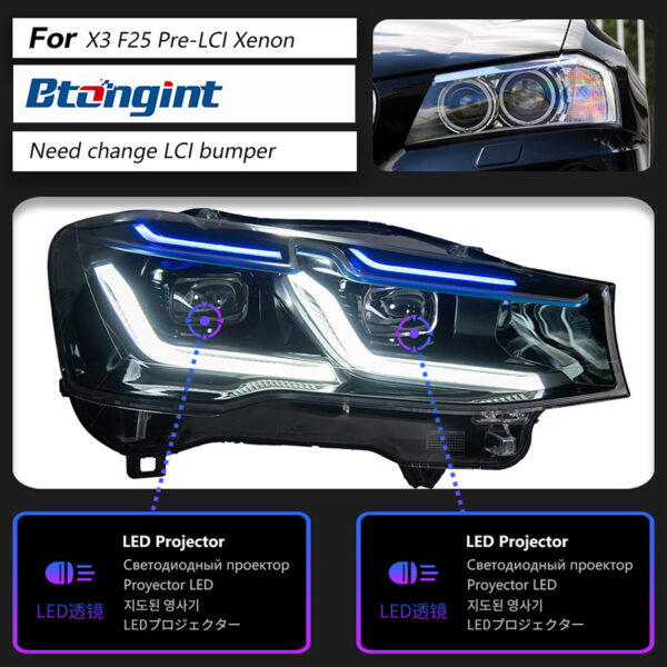 Fits 10‑17 BMW X3 F25 Headlight Assembly, Modified LED Projector Headlamp with DRL & Sequential Turn Signal