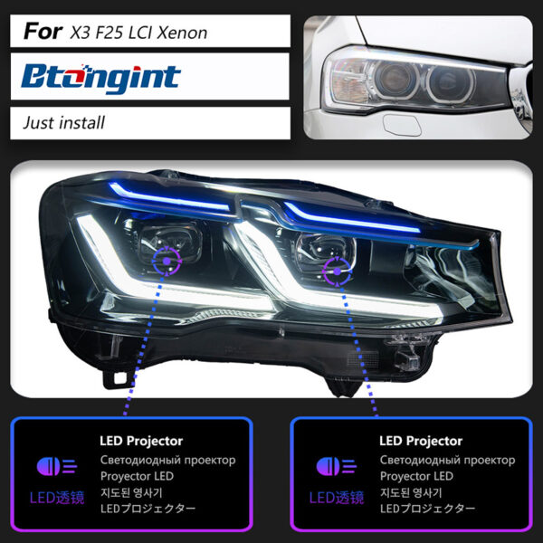 Fits 10‑17 BMW X3 F25 Headlight Assembly, Modified LED Projector Headlamp with DRL & Sequential Turn Signal