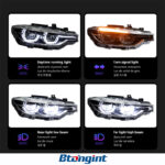 Spoon Style LED Headlight Assembly for 2012-2015 BMW 3 Series F30, Projector Lens, Sequential Turn Signal.