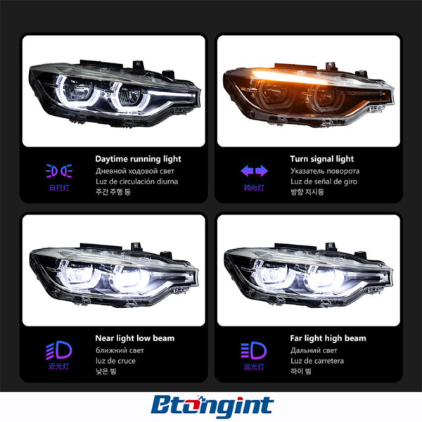 Spoon Style LED Headlight Assembly for 2012-2015 BMW 3 Series F30, Projector Lens, Sequential Turn Signal.