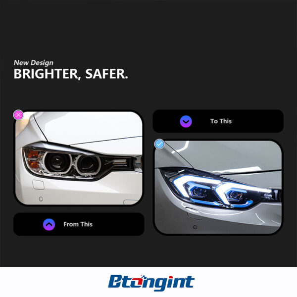 Double Hook LED Headlight Assembly for 2012-2019 BMW 3 Series F30, Bi-Color DRL, Projector Lens.