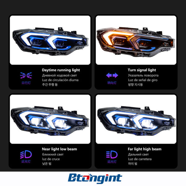 Double Hook LED Headlight Assembly for 2012-2019 BMW 3 Series F30, Bi-Color DRL, Projector Lens.