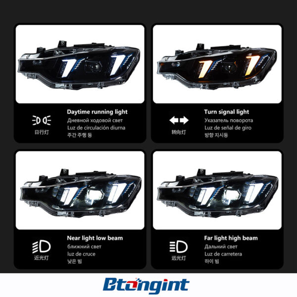Fang Style LED Headlight Assembly For 2012-2019 BMW 3 Series F30, Bi-Color LED DRL, Built-in Bi-Xenon Projector Lens, Direct Replacement OEM Halogen Xenon Headlamp Retrofit