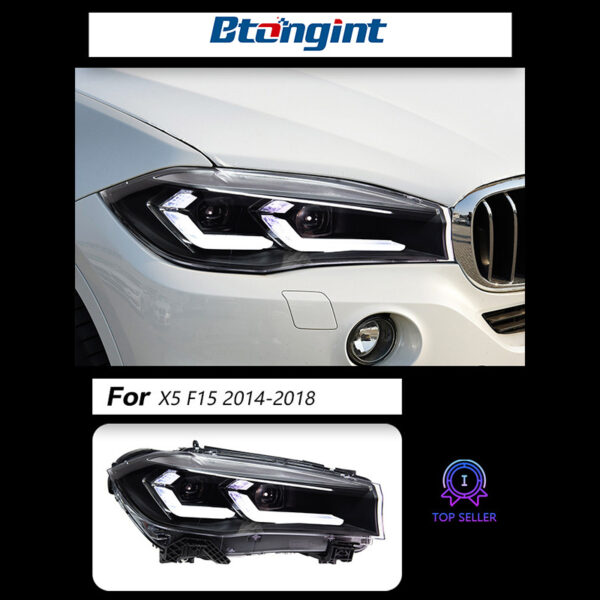 Dual-L Style LED Headlight Assembly for 2014-2018 BMW X5 F15, Daytime Running Light, Turn Signal Lamp, Projector Lens