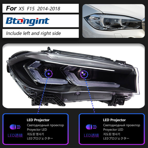 Dual-L Style LED Headlight Assembly for 2014-2018 BMW X5 F15, Daytime Running Light, Turn Signal Lamp, Projector Lens