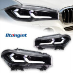 Dual-L Style LED Headlight Assembly for 2014-2018 BMW X5 F15, Daytime Running Light, Turn Signal Lamp, Projector Lens