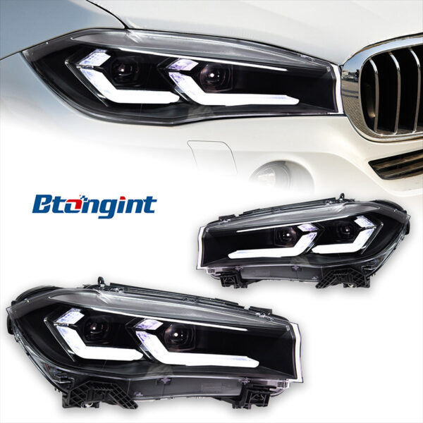 Dual-L Style LED Headlight Assembly for 2014-2018 BMW X5 F15, Daytime Running Light, Turn Signal Lamp, Projector Lens