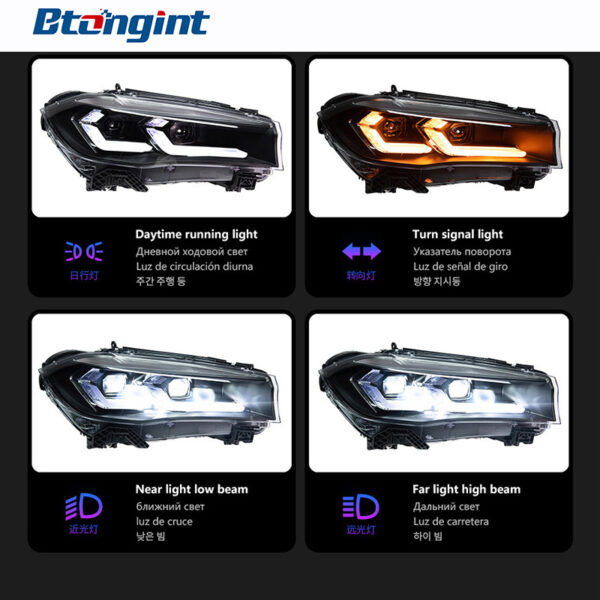 Dual-L Style LED Headlight Assembly for 2014-2018 BMW X5 F15, Daytime Running Light, Turn Signal Lamp, Projector Lens