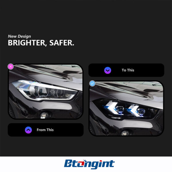 LED Projector Headlight Assembly for 2016-2023 BMW X1 F48/F49, Arrow Style Turn Signal.