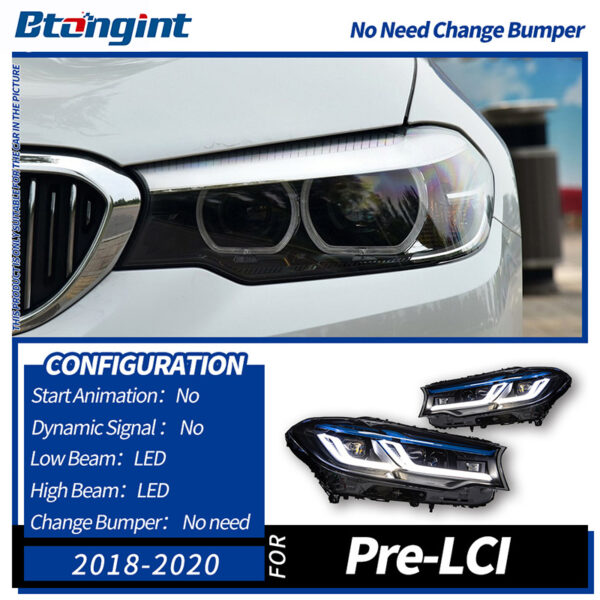 Headlight Assembly for BMW 5 Series G30 2018-2020, Modified Lens Headlamp with Blue Eyebrow LED DRL & Turn Signal