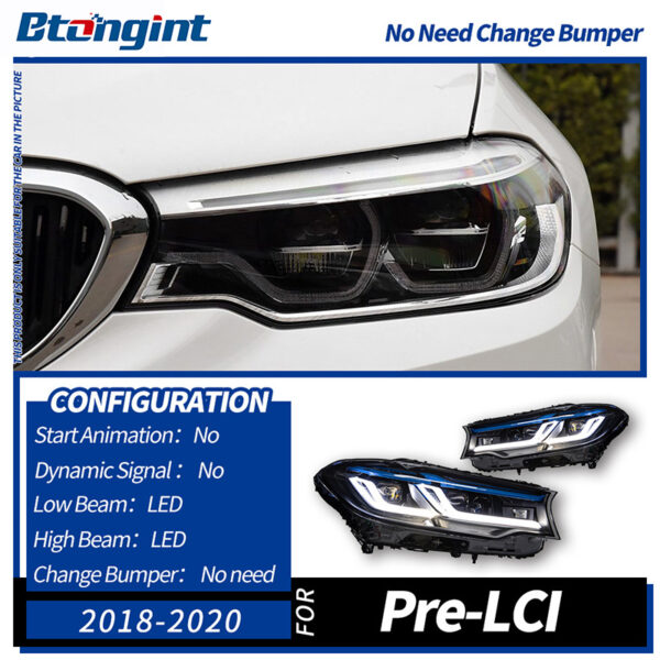 Headlight Assembly for BMW 5 Series G30 2018-2020, Modified Lens Headlamp with Blue Eyebrow LED DRL & Turn Signal