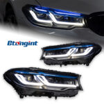 Headlight Assembly for BMW 5 Series G30 2018-2020, Modified Lens Headlamp with Blue Eyebrow LED DRL & Turn Signal