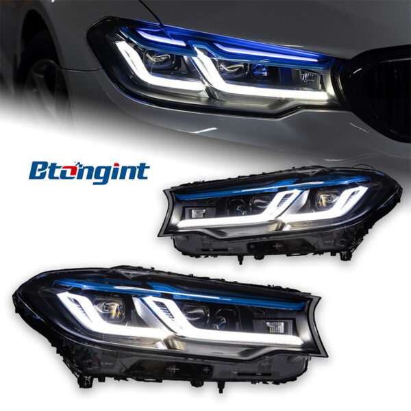 Headlight Assembly for BMW 5 Series G30 2018-2020, Modified Lens Headlamp with Blue Eyebrow LED DRL & Turn Signal