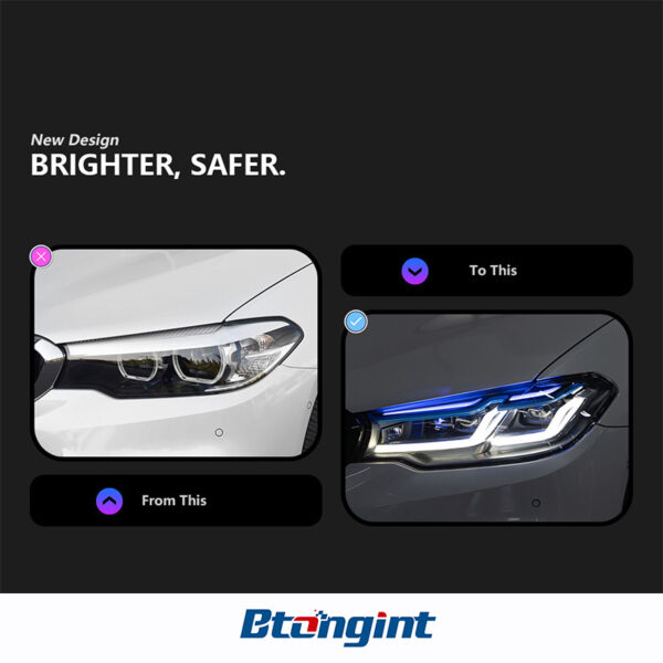 Headlight Assembly for BMW 5 Series G30 2018-2020, Modified Lens Headlamp with Blue Eyebrow LED DRL & Turn Signal