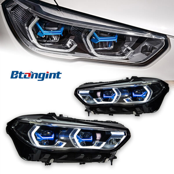Headlight Assembly for BMW X5 G05 2019-2022, Retrofit Golden Eye Blue Bezel LED DRL Headlamp.