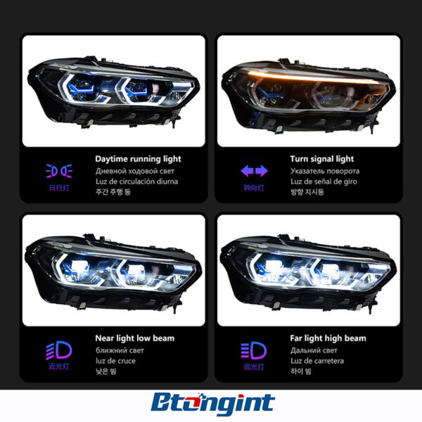 Headlight Assembly for BMW X5 G05 2019-2022, Retrofit Golden Eye Blue Bezel LED DRL Headlamp.