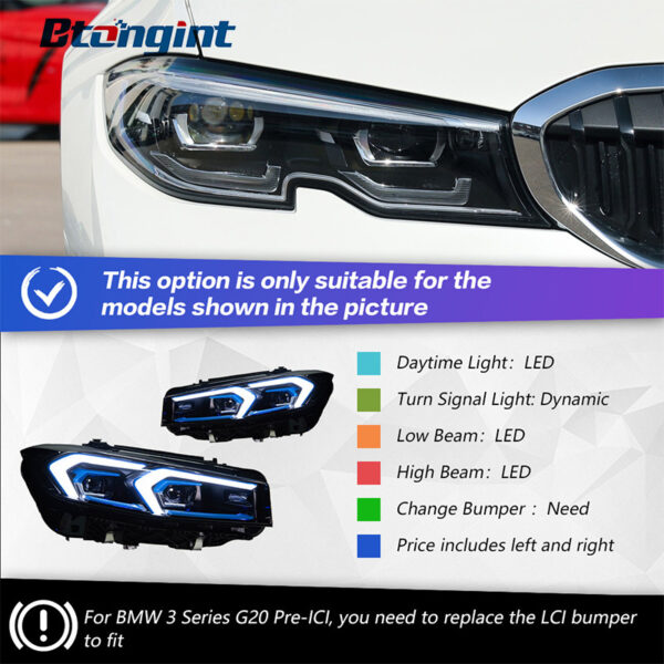 Headlight Assembly for BMW 3 Series G20 2019-2024, Retrofit New Style Double Hook Golden Angel Eyes LED Projector Headlamp