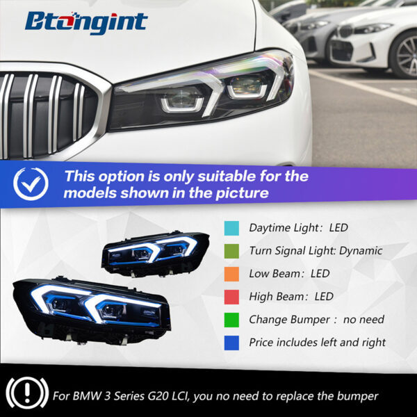 Headlight Assembly for BMW 3 Series G20 2019-2024, Retrofit New Style Double Hook Golden Angel Eyes LED Projector Headlamp
