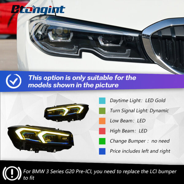 Headlight Assembly for BMW 3 Series G20 2019-2024, Retrofit New Style Double Hook Golden Angel Eyes LED Projector Headlamp