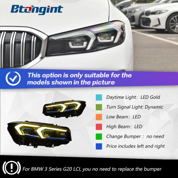 Headlight Assembly for BMW 3 Series G20 2019-2024, Retrofit New Style Double Hook Golden Angel Eyes LED Projector Headlamp