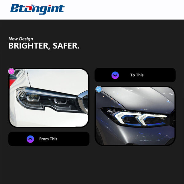 Headlight Assembly for BMW 3 Series G20 2019-2024, Retrofit New Style Double Hook Golden Angel Eyes LED Projector Headlamp